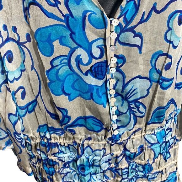 Soft surroundings 100% silk sheer top smocked art to wear dopamine med floral - Picture 3 of 8